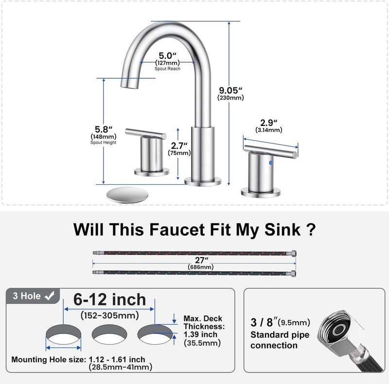 Hurran Bathroom Faucets for 3 Hole Sinks, 8 Inch Brushed Nickel Double Handle Bathroom Sink Faucet with 360° Rotating Spout & Pop-Up Drain, Widespread Faucet Suitable for Vanity, RV & Outdoor Sinks - Image 5